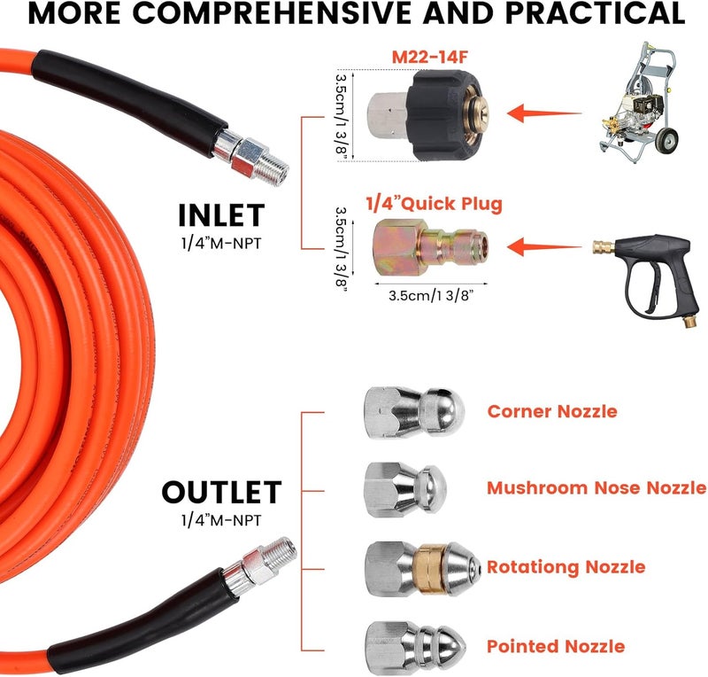 HOSEING 150FT Sewer Jetter Kit for Pressure Washer, 5800 PSI Water Jet Drain Cleaner Hose With Corner Rotating Button Nose Nozzle 1/4 Inch NPT, Jetting Nozzles Kit With Spanner Handle Strap - Image 3